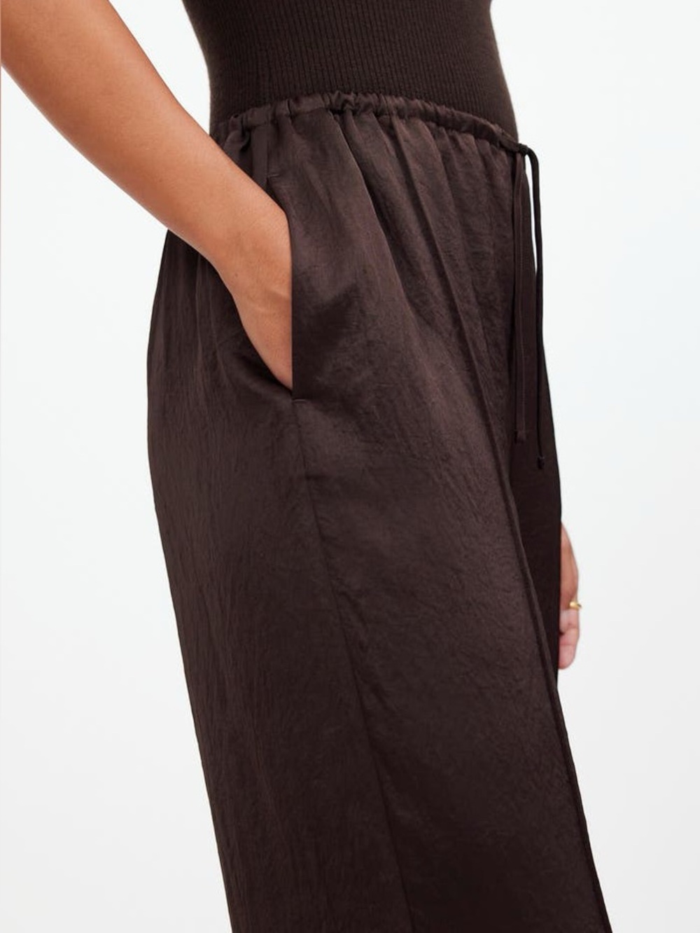 Madewell Drawstring Waist Brown Satin look Pintuck Slim Pull-On Pants Sz L